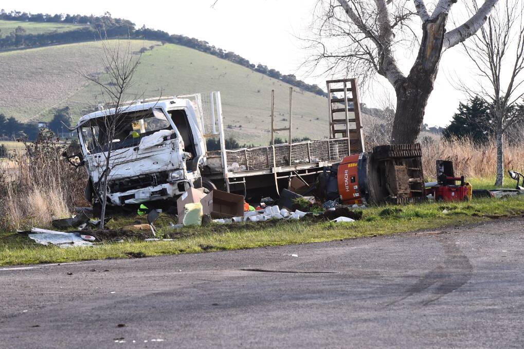 A work truck which was allegedly hit by Ballarat driver Geoffrey Braszell on June 5, 2023, in Burrumbeet. Picture by Adam Trafford 
