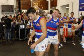 Bulldogs' Joel Freijah is showered in gatorade after playing his first AFL game at MCG on May 11, 2024. Picture by Darrian Traynor/AFL Photos/via Getty Images