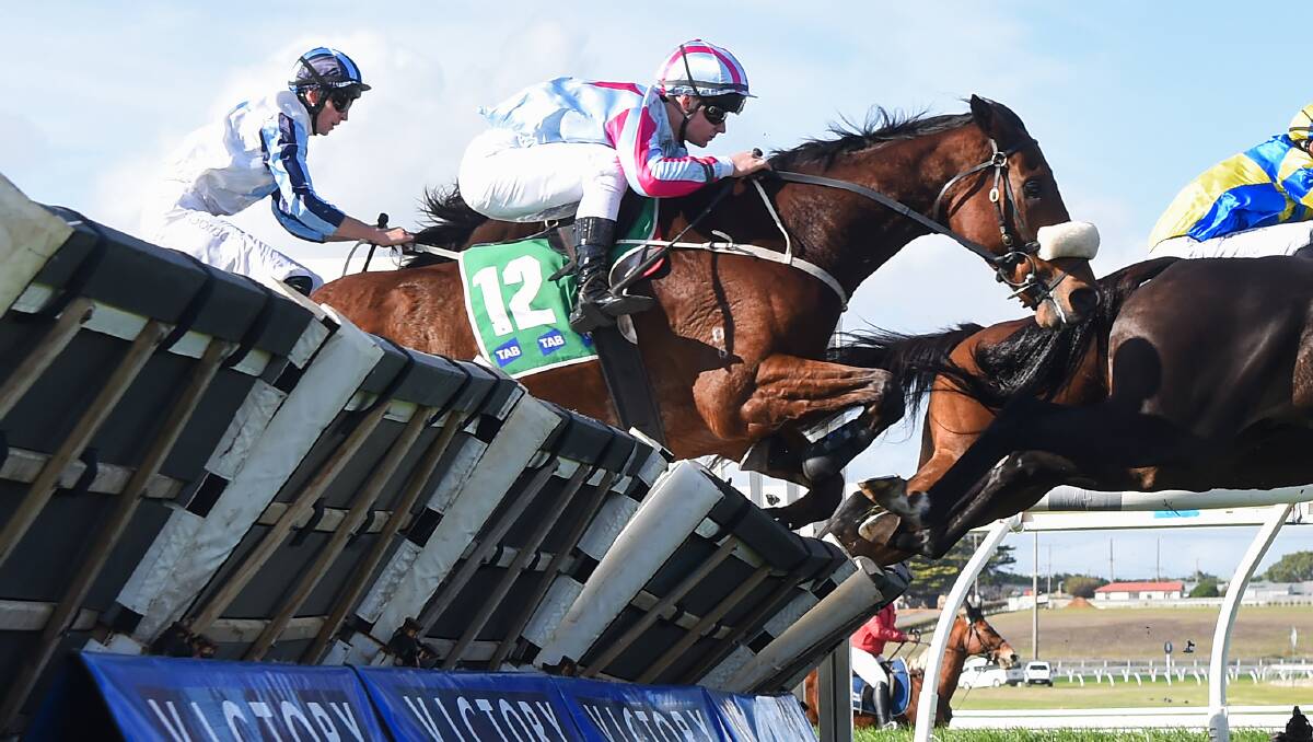 Chains Of Honour jumps towards victory for Ciaron Maher's Ballarat stable in the Galleywood Hurdle at Warrnambool on Wednesday. Picture by Reg Ryan/Racing Photos.