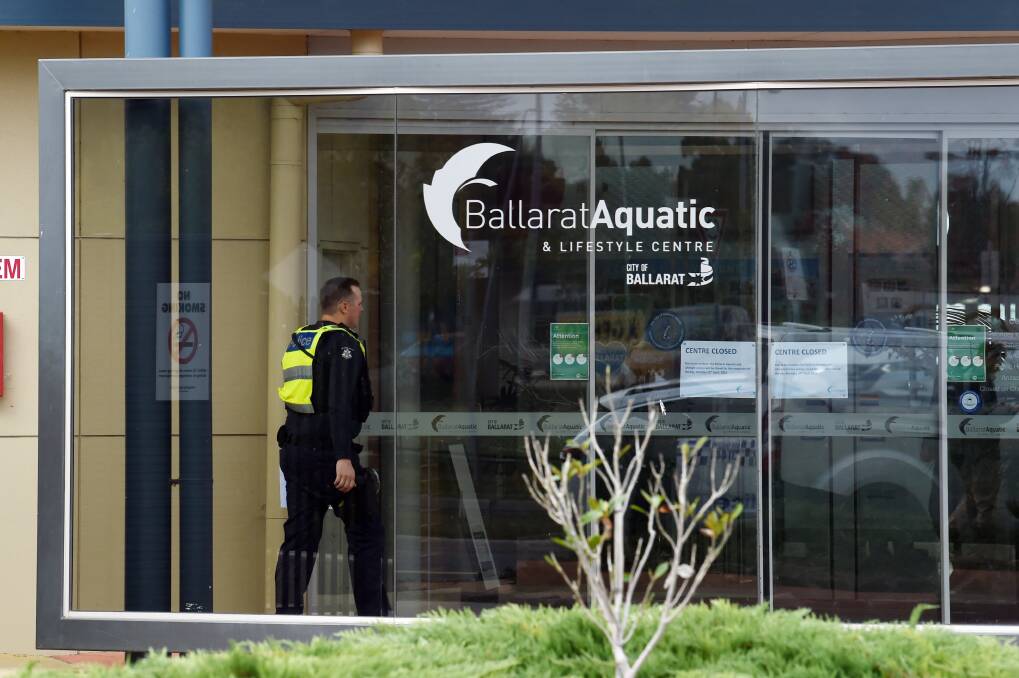 CLOSED: Police enter the Ballarat Aquatic and Lifestyle Centre during early investigations on Monday morning. Pictures: Kate Healy