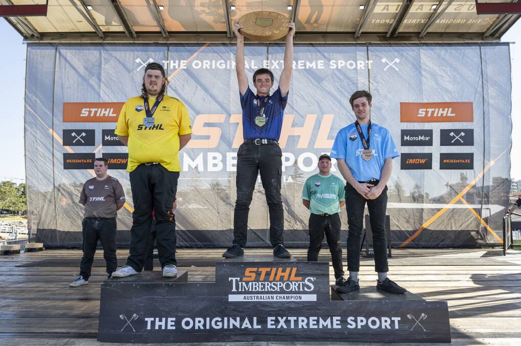 Matt Coffey on the podium of the STIHL TIMBERSPORTS 2023 Australian Rookie Championships in Wollongong. Picture supplied