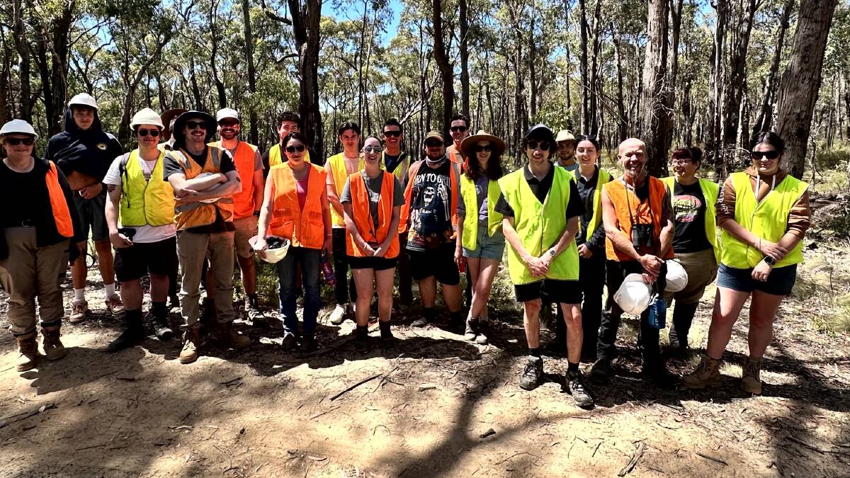 MCLG coordinator Jackson Cass (sixth from right) and Federation University TAFE students completing a survey in Enfield State Park. Picture by David Coutes