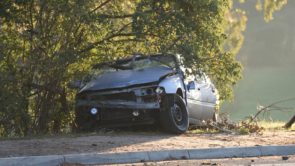 WRECKED: The car after the Black Hill fatality on Tuesday morning. PICTURE: LACHLAN BENCE