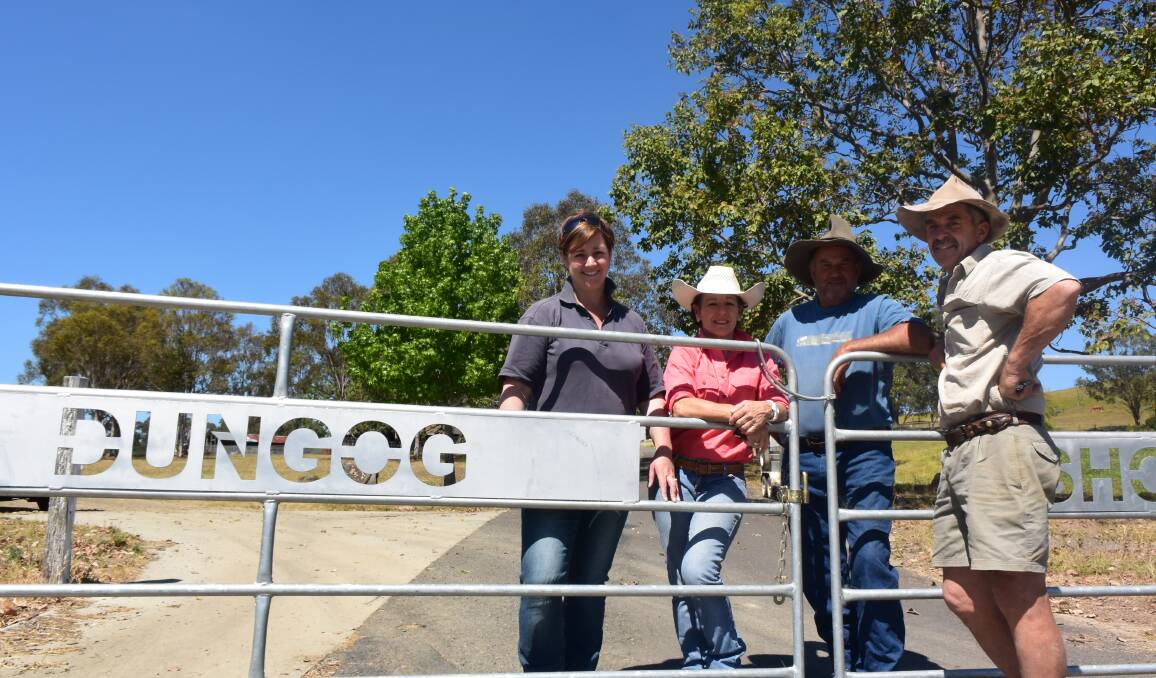The "Dungog" gate which was stolen sometime last month. Pictured here in late 2016 soon after the gates were installed are Dungog Show committee members   Karen Sowter, Jay Dillon, Ian McDougall and President Dugald Alison.