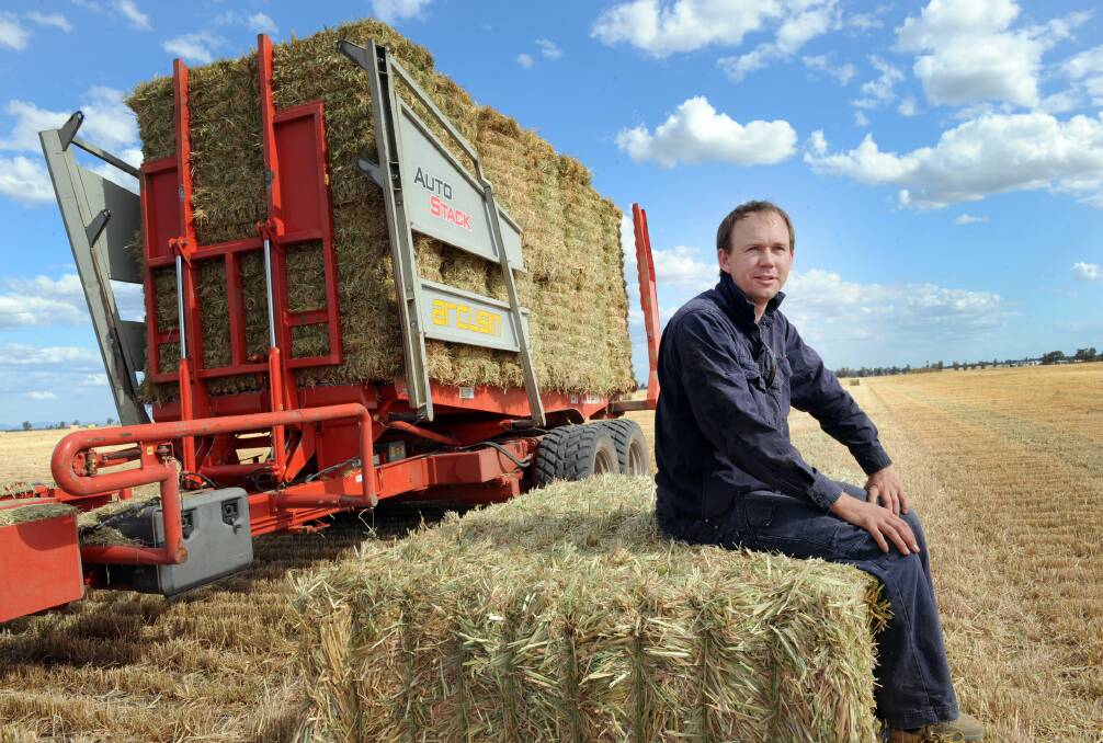 IN THE PADDOCK: Tim Rethus has started harvesting oaten hay at Noradjuha as the poor growing season reaches it climax. Picture: PAUL CARRACHER