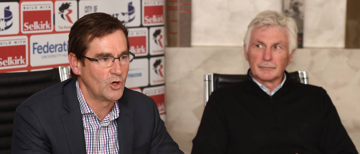 DEAD END: Roosters CEO Mark Patterson under the watchful gaze of Mick Malthouse in July. Malthouse is steering the coaching selection panel. Picture: Kate Healy.