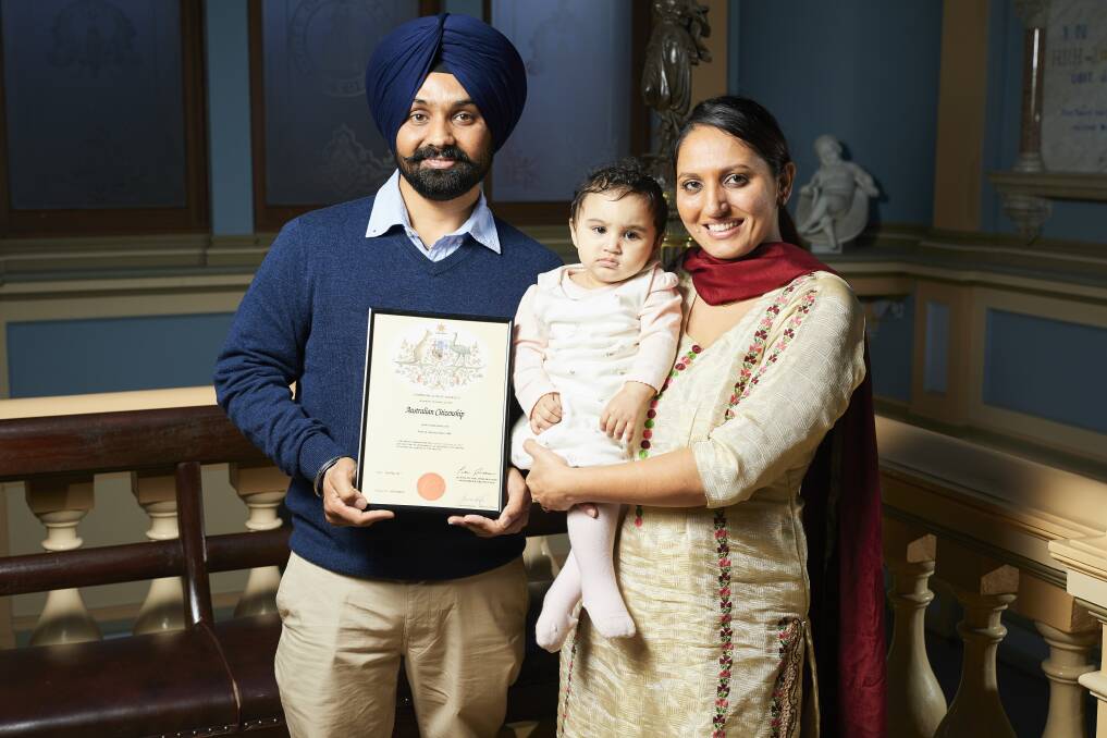 Rupinder Kaur, Surreen Kaur, 10 months, and Rajbir Singh Dhillion became Australian citizens this year.