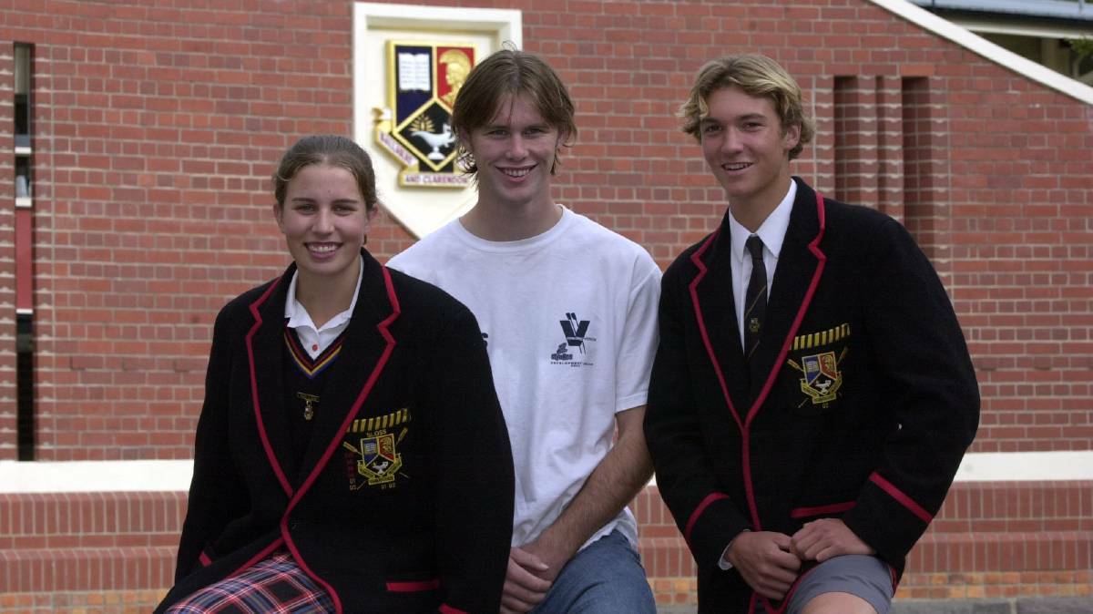 2003 - Ballarat and Clarendon College, rowers representing Victoria, pictured from left, Nicole Payne, Nick Moran, and Ben Jenner.