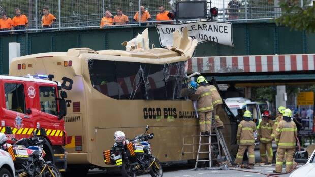 
A bus has crashed into a bridge in Montague street, South Melbourne. Photo: Jason South.
