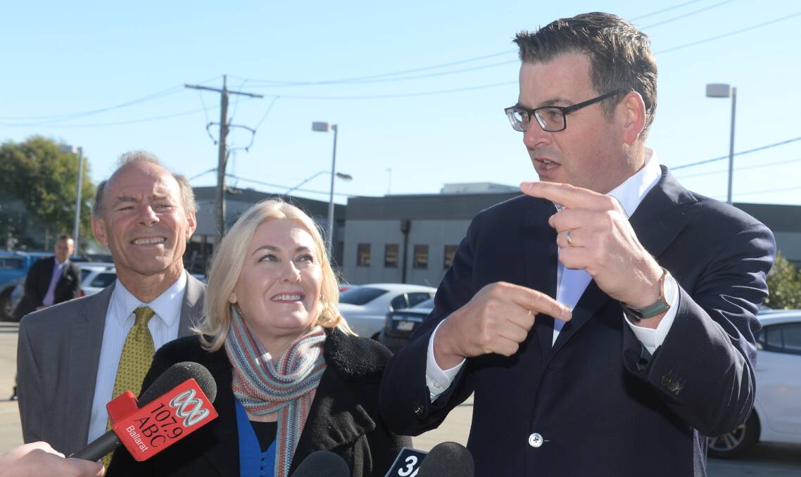 State member for Buninyong Geoff Howard, state member for Wendouree Sharon Knight and Premier Daniel Andrews at the Civic Hall site. Photo: Kate Healy.