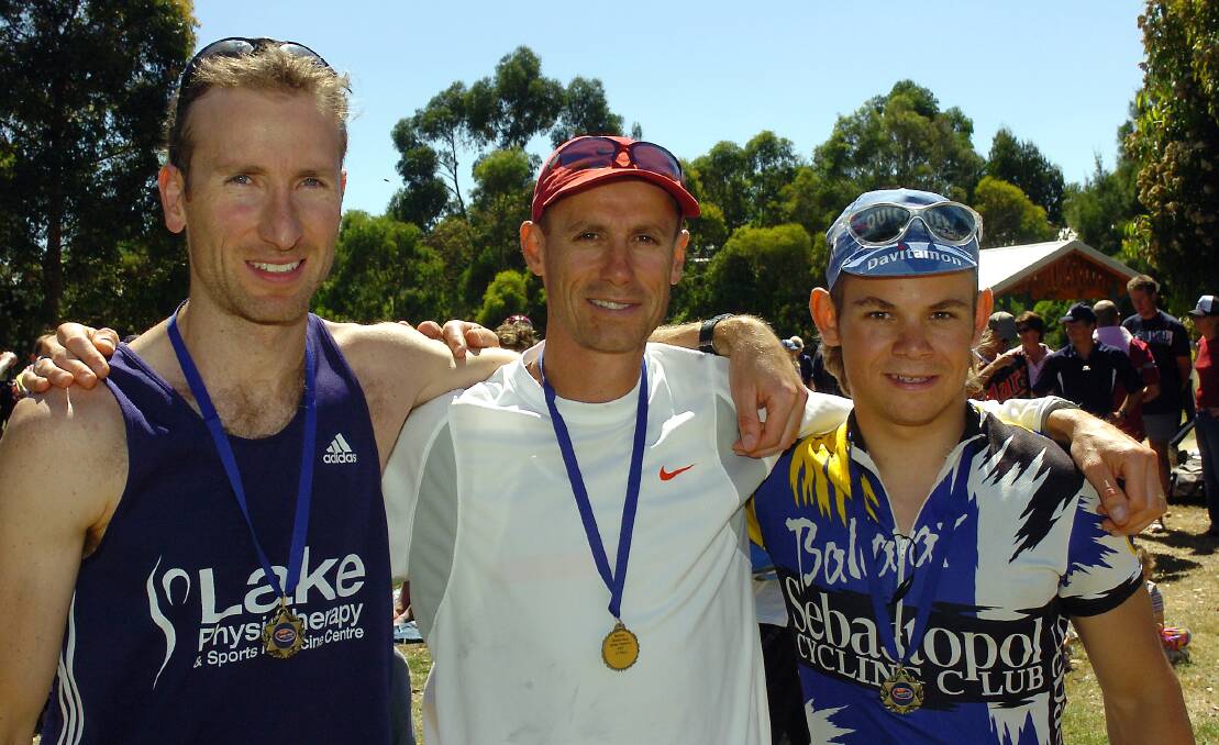 2005 - Category winners of the Ballarat Triathlon: Michael Pierce, Steve Moneghetti, James Pugh.