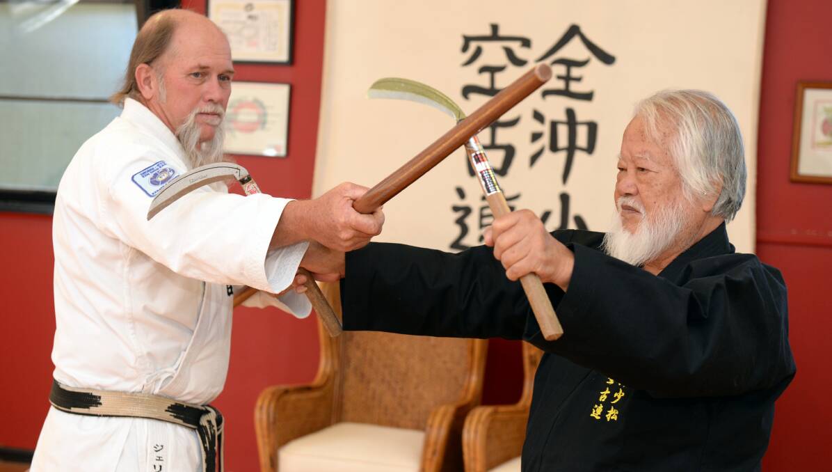 COMBAT: Sensei Jerry DeVries from Japan and Grand Master Kise Fusei from Japan in action. Pictures: Kate Healy.