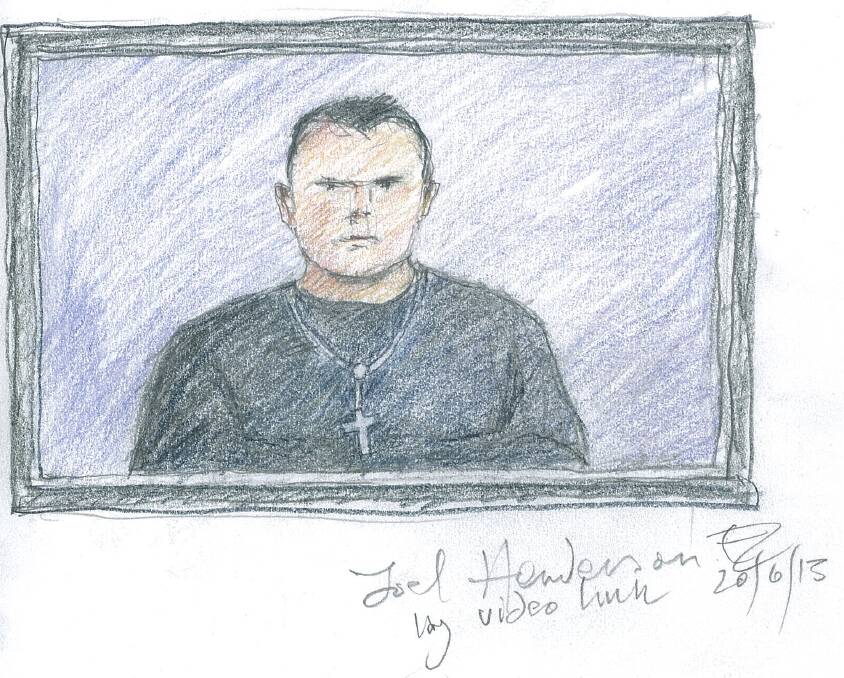A sketch of Joel Henderson when he appeared in court via a video link in 2013. Sketch: Edward Colleridge.
