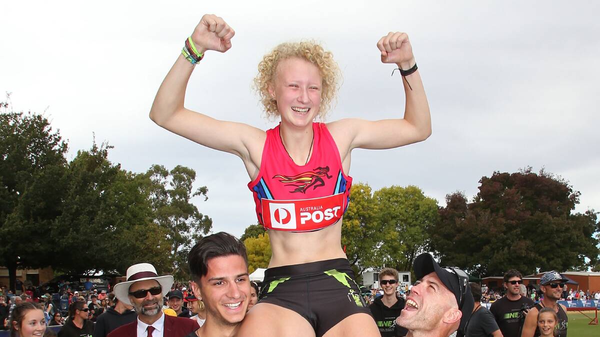 Liv Ryan celebrates after winning the Australia Post Strickland Family Women's Gift. Photo: Getty Images.