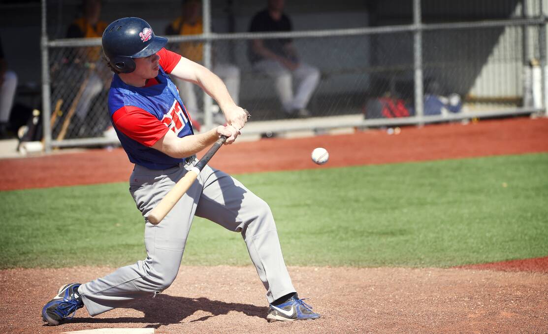 VICTORIAN SUMMER BASEBALL LEAGUE - Ballarat City Brewers v Fitzroy:  Ethan Etheridge gets everything behind it for the Brewers. Picture: Luka Kauzlaric.