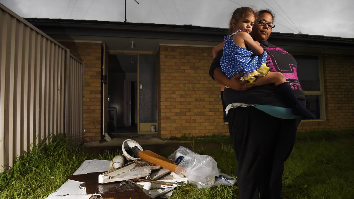 SAFETY CONCERNS: Luana Morgan with her daughter Zara,3, outside their Public Housing home in Wendouree which she fears is putting their lives at risk. Picture: Luka Kauzlaric