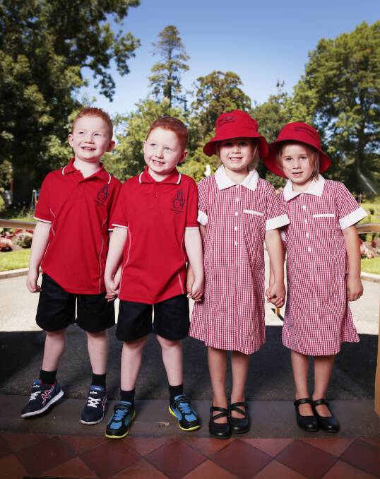 DOUBLE DELIGHT: Five-year-old twin brothers Liam and Rhys Allen and twin sisters Ella 5, and Jade Willison, 5, will start school this week. Picture:  Luka Kauzlaric    