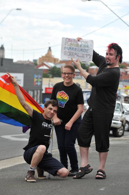 EQUAL LOVE: Koby Bunney, Kirsten Holden and Babushka Bar owner Garth Horsfield prepare for the Ballarat Pride March this weekend. Picture: Lachlan Bence 