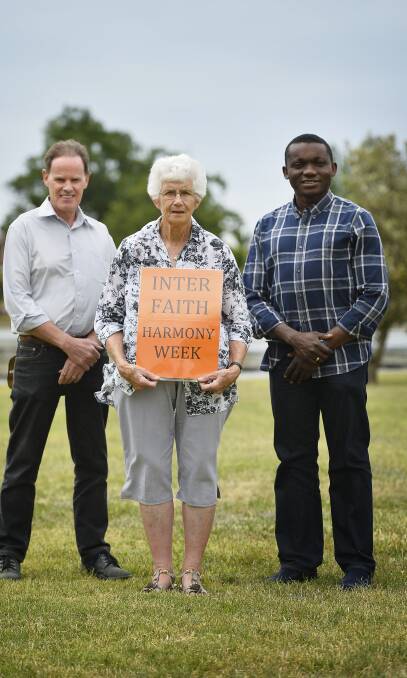 WE ARE ONE: Ballarat Interfaith Network leaders Darren James, Maureen Doonan and Constantine Osuchukwu. Picture: Dylan Burns