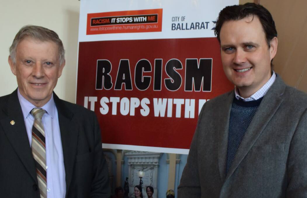 COMMON GOAL: Ballarat Mayor John Philips and Victorian multicultural affairs minister Robin Scott discussed support for multicultural support services in the region at a forum on Friday. Picture: Melissa Cunningham.