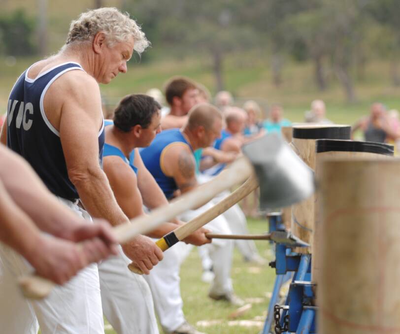 FUN FOR ALL: Men participate in the annual woodchopping event at the Glenlyon Sports Day. Picture: Adam Trafford 