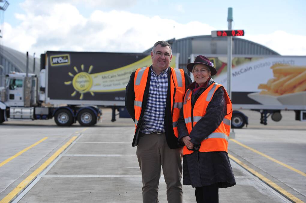 McCain Plant manager Karl Thin and Commitee for Ballarat's Janet Dore in front of the new Wendouree weighbridge.Picture: Lachlan Bence