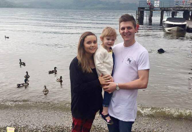 NOT HAPPY: Jay Brokenshow and his fiancee Megan McGourlay with their daughter Avah, five, last year. Miss McGourlay is frantically trying to re-plan a wedding before 20 guests arrive from Scotland.
