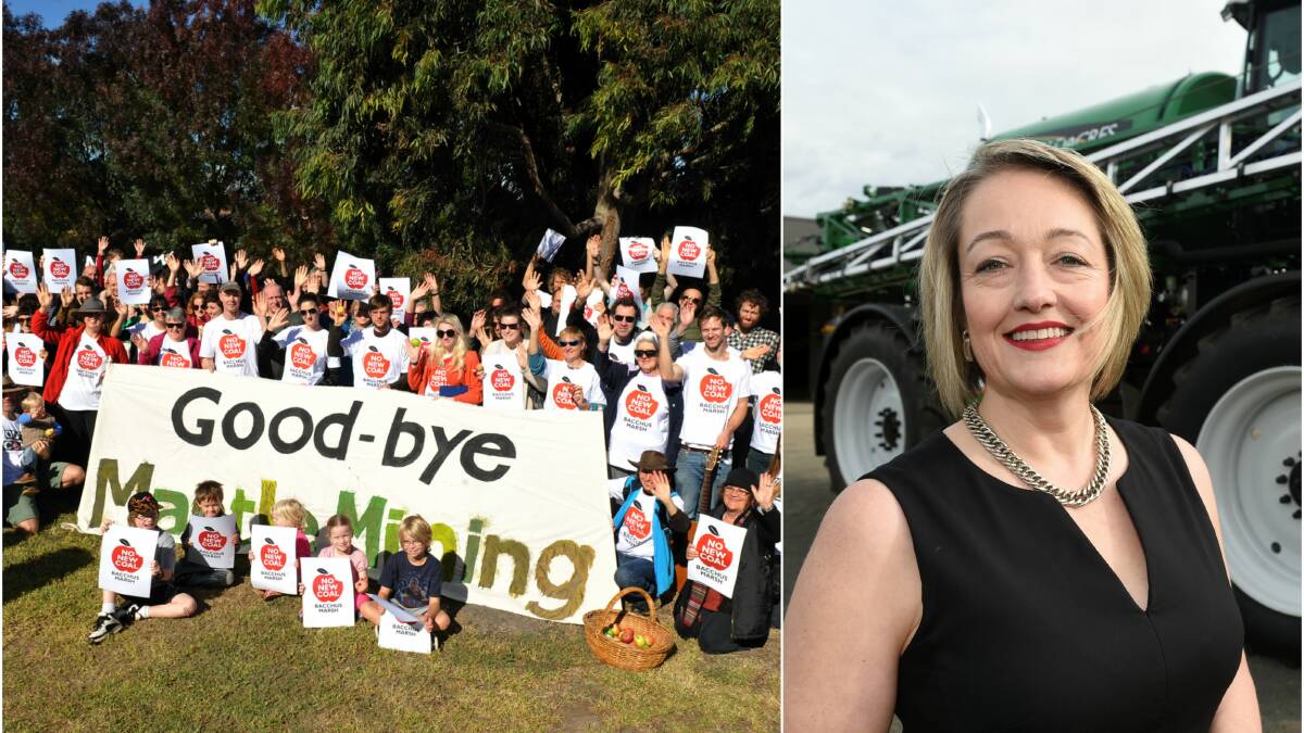 OPPOSED: Bacchus Marsh residents protest against a coal mine in 2012. Right, Ripon MP Louise Staley.