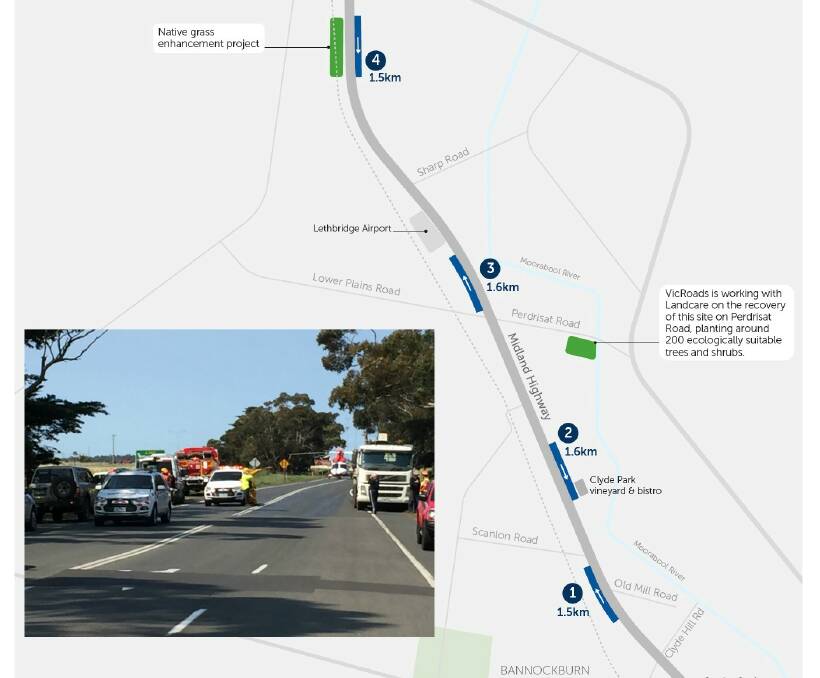 SAFER: Four new overtaking lanes will be added to the Midland Highway, and inset, the scene of fatal crash near Batesford on Friday last week.