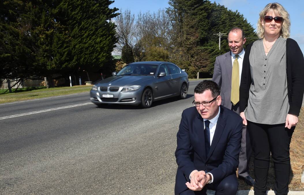 FUNDING:Premier Daniel Andrews, Buninyong MP Geoff Howard, Napoleons School Council president Joanne Gilbert on the day of the announcement last year. Picture: Lachlan Bence  