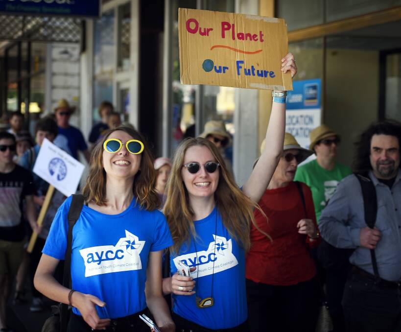 People's push: Isobel Monie and Menna McAlpin at the BREAZE and Ballarat Climate Action Group Climate March on Saturday. The two women spoke on behalf of the Australian Youth Climate Coalition. PICTURE: Luka Kauzlaric