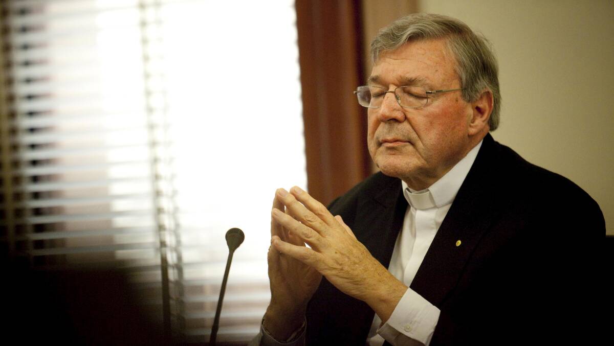 Cardinal George Pell appears before the Parliamentary enquiry into child sex abuse and the Catholic Church at the Victorian Parliament, Melbourne in 2013. PICTURE: Arsineh Houspian