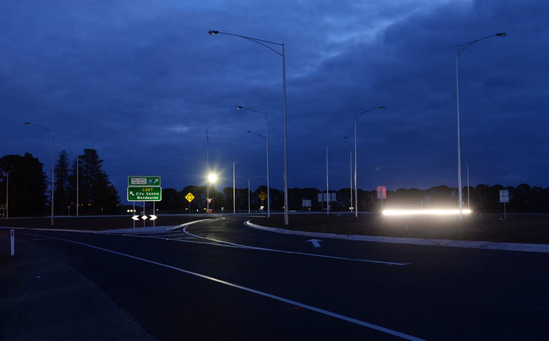 Lights out: The new roundabout on Learmonth Road is not energised weeks after the road section was finished, says Powercor. PICTURE: Kate Healy