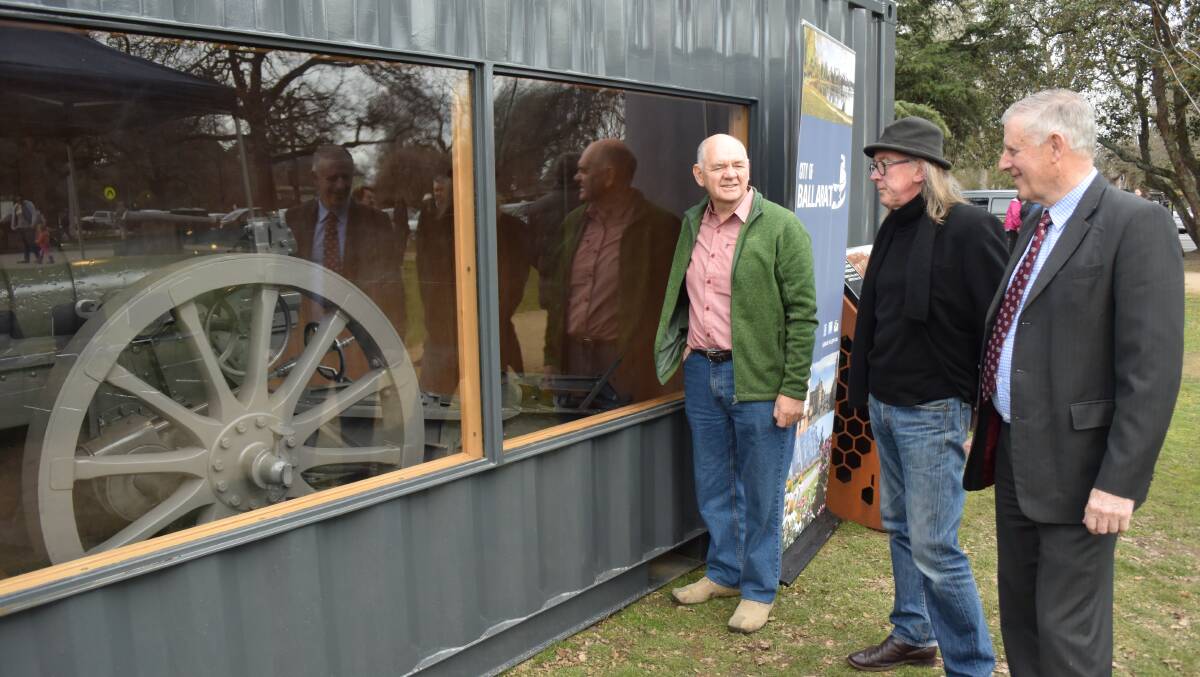 Barry Lyle from Miller Brothers, Barry Hore from Sovereign Hill and Cr John Philips at the unveiling of the refurbished captured German artillery from WWI. 