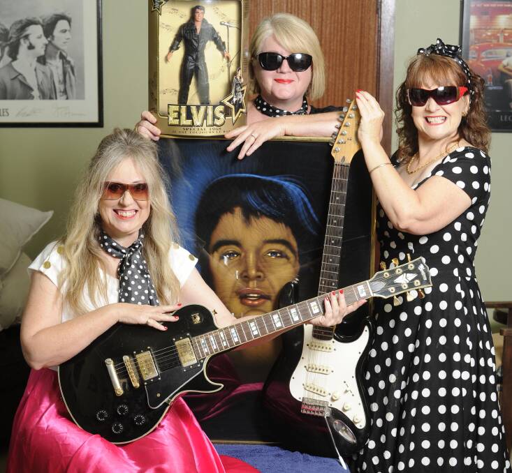 BURNING LOVE: Helen Limberger, Karen Ghioni and Annette Anderson prepare for the 25th Elvis Festival in Parkes. Picture: Kieren L Tilly
