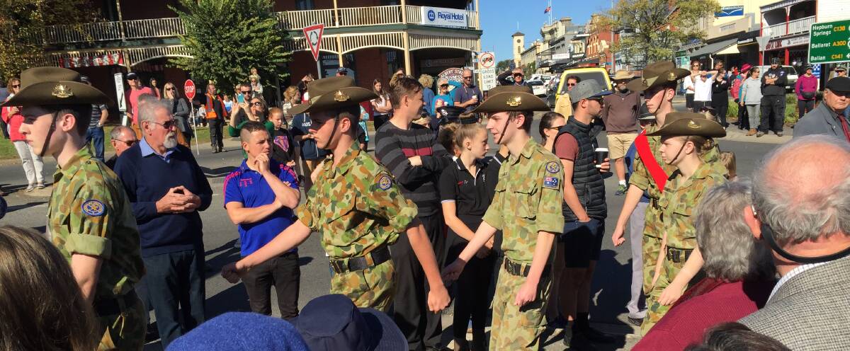 Marching: Ballarat cadets march along Vincent Street to the Daylesford War Memorial to a ceremony speakers said remembered the sacrifice of those who had fought for the principles of freedom. Pictures: Amber Wilson