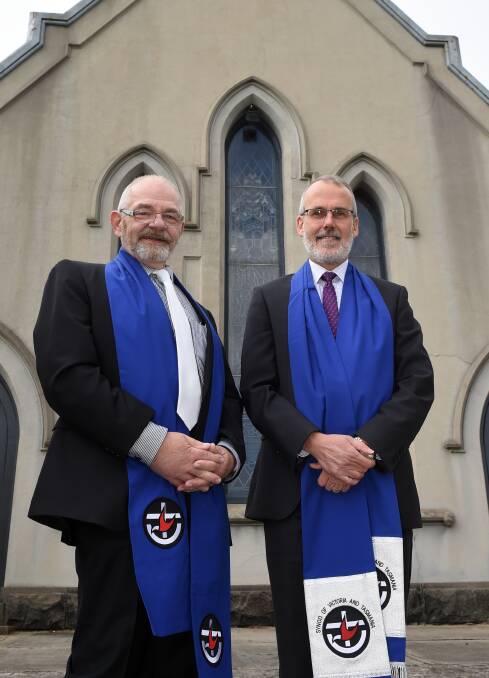 Creating history: Jim de Jong, worship leader, and moderator Dan Wootton on the Uniting Church site, which has been a place of worship since 1855. Picture: Kate Healy