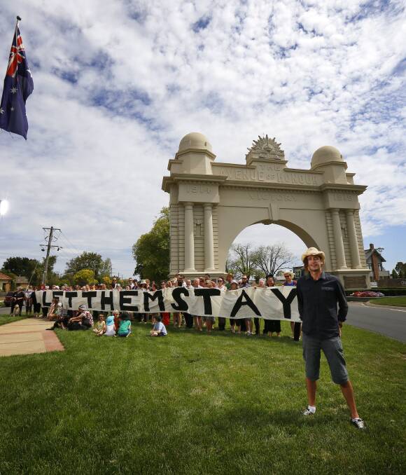 Let Them Stay: Poet Nathan Curnow said the protesters at Sturt Street's Arch of Victory wanted to show a clear message that Ballarat wanted offshore detention shut down. Picture: Luka Kauzlaric