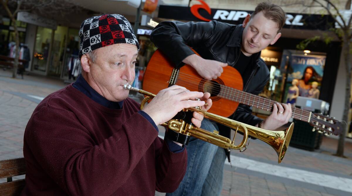 Calling all buskers: Gary Gallagher and Dane Cunnington take up their instruments to give an example of Ballarat's busking talents. Picture: Kate Healy
