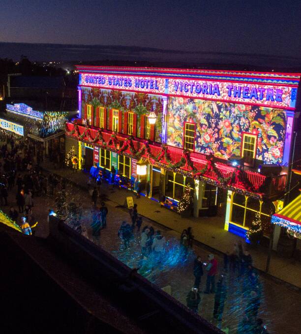 A wonderful sight: A drone photograph of Sovereign Hill's Winter Wonderlights projections, which attracted thousands of tourists this winter. Picture: Luke Parker-Skyline Drone Imaging.