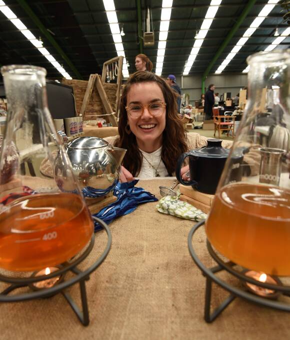 TEA TIME: Zoe Dealehr of Vivelo organic teas brews up a pot at the first regional Creator's Market at the Ballarat Exhibition Centre. Picture: Lachlan Bence