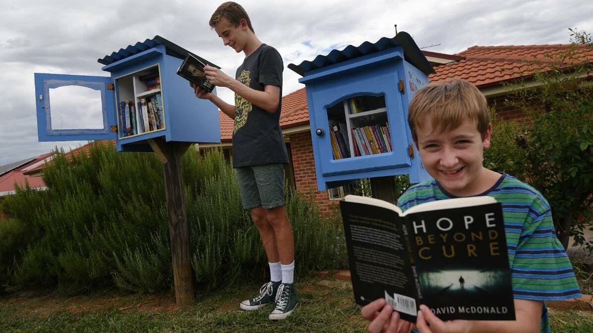 Josh, 14, and Nathan Carter, 12, test out their mum's new book boxes in Oxley Vale. Photo: Gareth Gardner