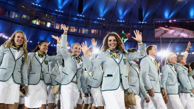 Jessica Fox (centre) and other members of the Australia team take part in the Opening Ceremony of the Rio 2016 Olympic Games at Maracana Stadium on August 5, 2016 in Rio de Janeiro, Brazil. Photo: Getty
