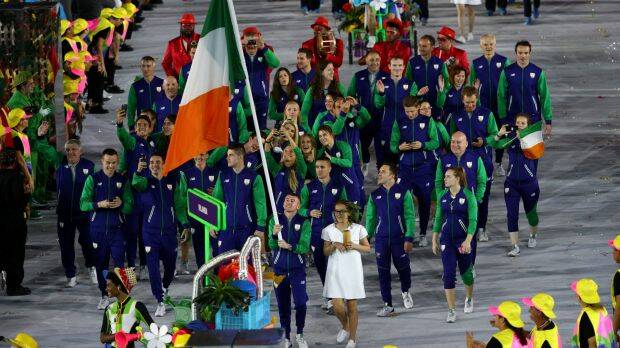 Flag bearer Patrick Barnes of Ireland leads his team during the Opening Ceremony of the Rio 2016 Olympic Games at Maracana Stadium on August 5, 2016 in Rio de Janeiro, Brazil. Photo: Getty

