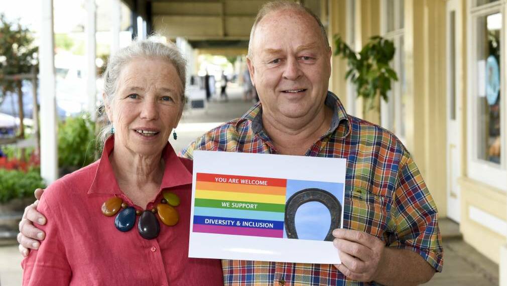 Beechworth residents Tina Fraser and Gavin Doherty have proposed businesses display stickers promoting diversity in town. Picture: SIMON BAYLISS