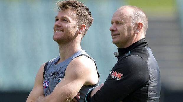 Port Adelaide star Robbie Gray with coach Ken Hinkley. Photo: AAP
