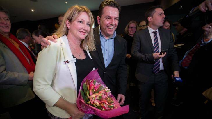 Nick Xenophon celebrates with Rebekha Sharkie, who is leading in Mayo, at his post election party at Adelaide's Palace Cinema. Photo: James Elsby