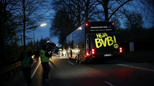 The team bus of the Borussia Dortmund football club seen after the bus was damaged in an explosion. Photo: Getty Images