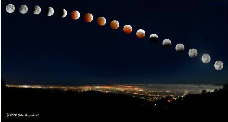 A lunar eclipse over San Francisco Bay in 2014 (note the moons have been enlarged slightly for clarity).  John 'K'/flickr, CC BY-NC-ND
