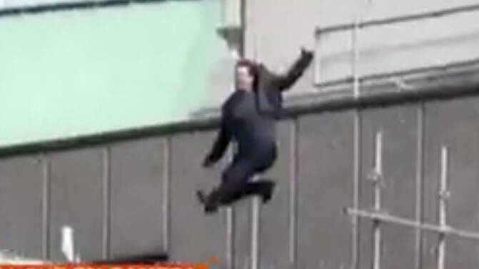 Tom Cruise, mid-air, before the stunt goes wrong. Photo: Screen grab from Sunrise.